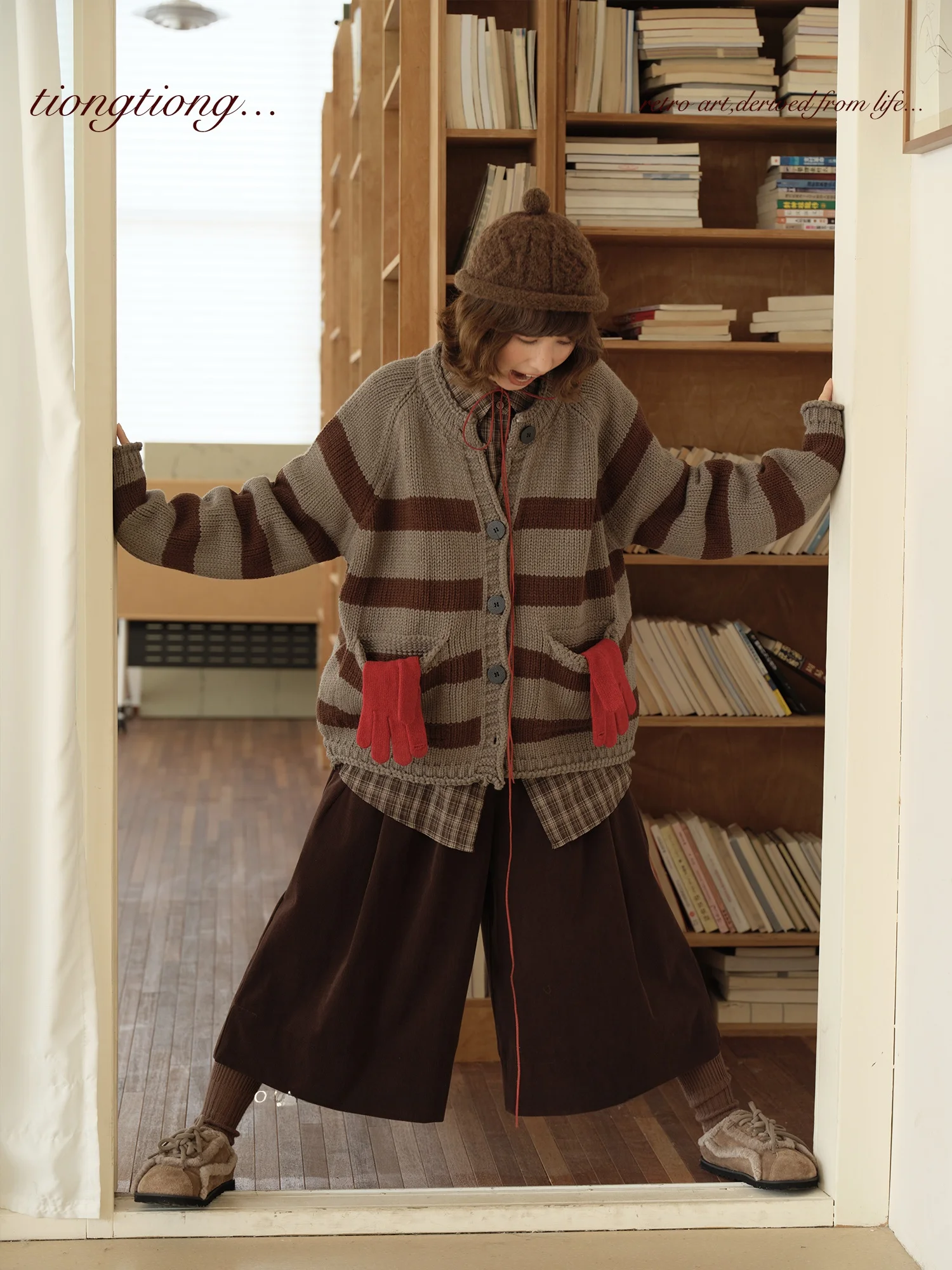 

Tiongtiong Japanese Sle Artistic Striped Knitted Open Cardigan Women's Loose Fit Autumn Winter Warm Sweater Jaet