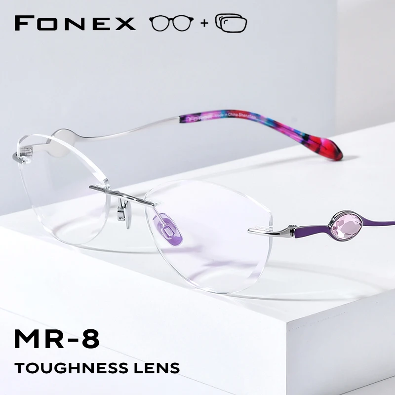FONEX Myopia Prescription Glasses Photochromic Optical Progressive Lens Diamond Eyewear Women Luxury Titanium Rimless Eyeglasses