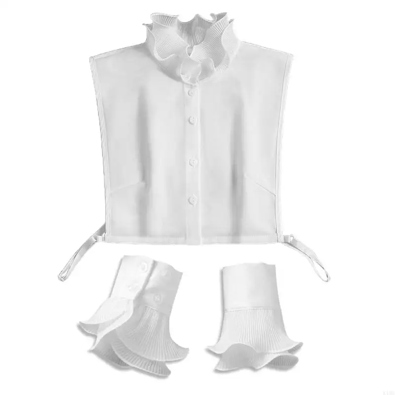 K1ME Women 2Pcs Ruffled Stand False Collar Half Shirt with Fake Cuffs Wristband Set