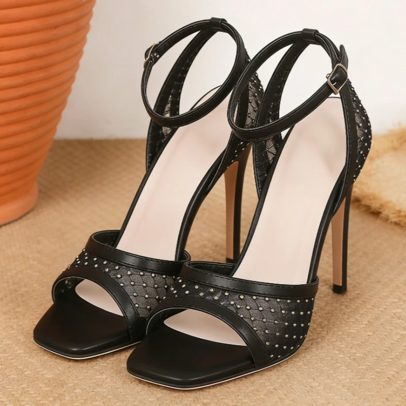 

Rhinestone Mesh Ankle Strap High Heeled Sandals for Women Sexy Open Toe Square Toe High Heels Elegant Party Dress Designer Shoes