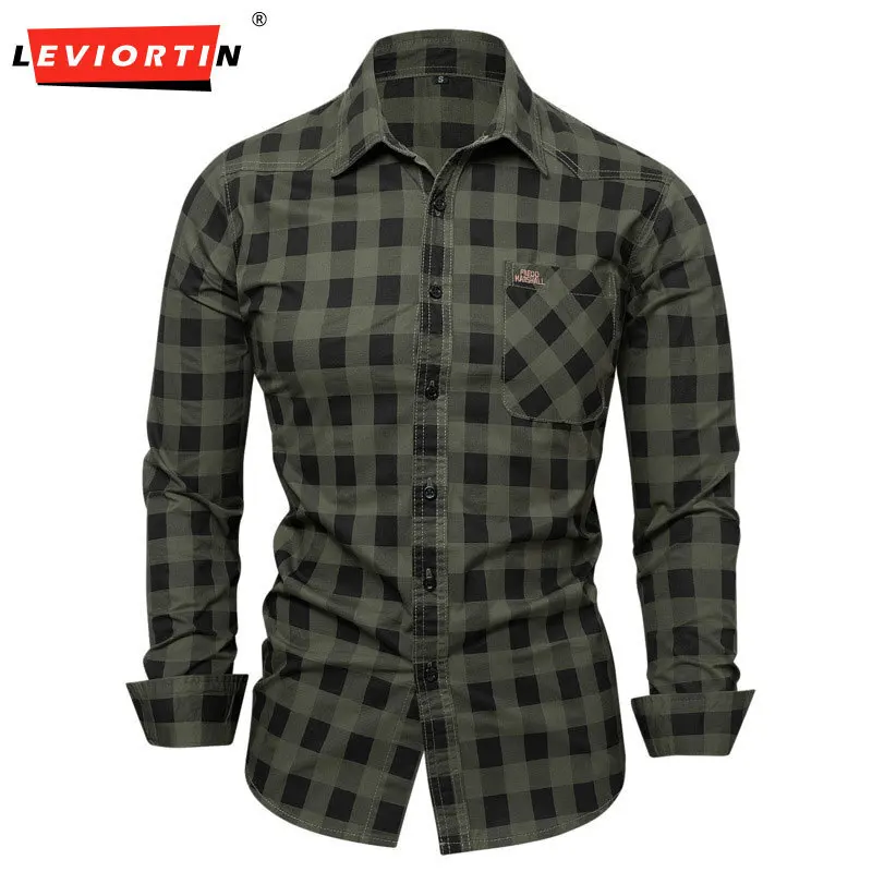 2025 autumn new men's fashionable versatile checkered pocket design embroidered loose casual long sleeved workwear shirt