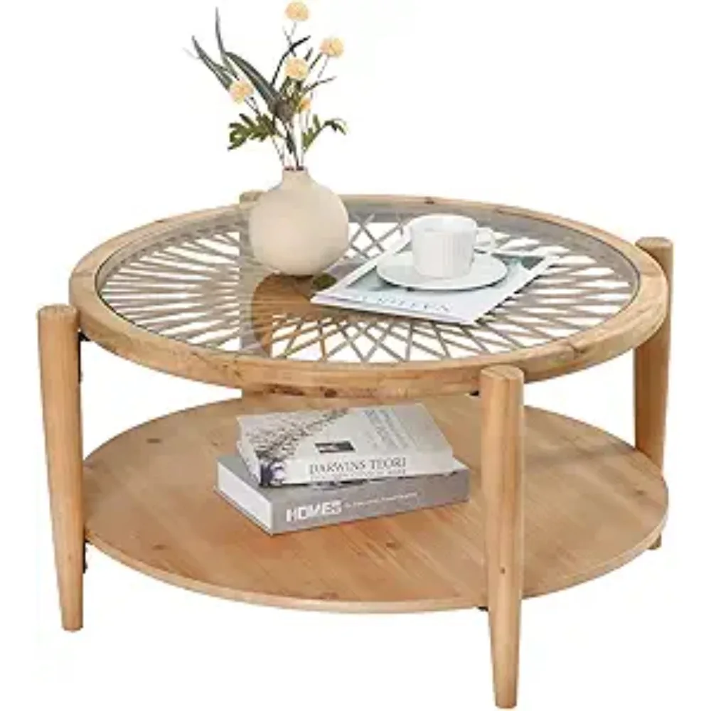 

Mid Century Modern Coffee Table with Rattan & Tempered Glass Top and Wood Legs, Sofa Table for Living Room