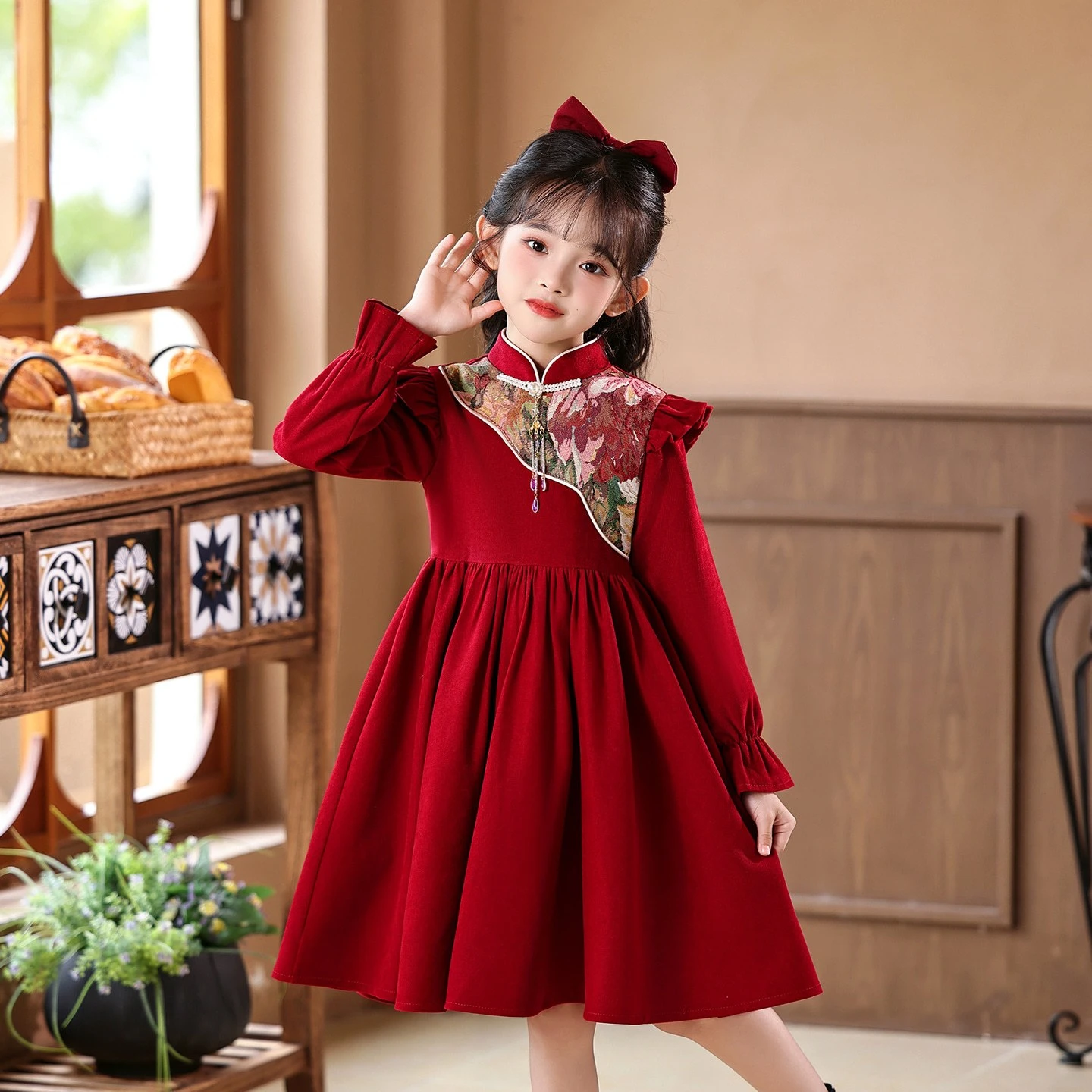 

2025 Autumn Winter New Girl's Hanfu Qipao Dress Red Chinese New Year Clothes Kids Party Evening Wedding Flower Girl Dress