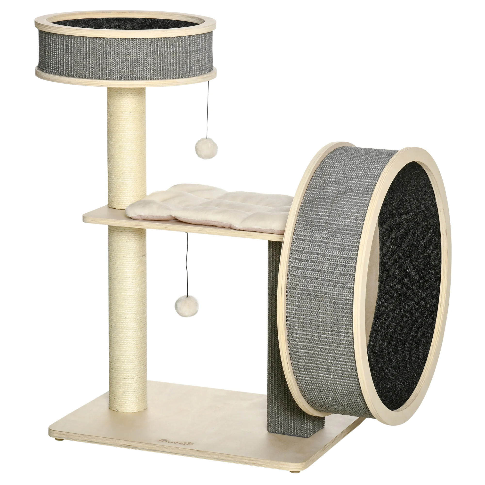 PawHut cat scratcher tree height 91cm with wheel to exercise bed platform cushions Sisal pole and toy balls