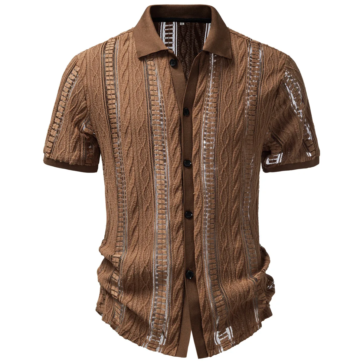 Men's Summer Hollowed-out Breathable Shirt European American Style Lapel Retro Jacquard Short Sleeve Fashionable Men's Clothing