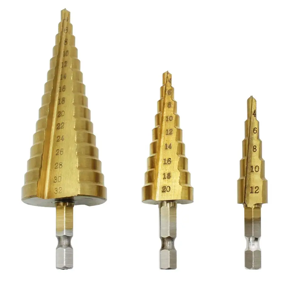 3pc Hss step drill bit set cone hole cutter Taper metric 4 - 12 / 20 / 32mm 1 / 4 