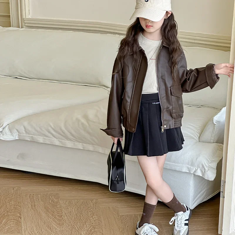 Girls Leather Jacket PU Fashion Casual Windproof Teenage Kids Coats 2024 Autumn Brown Biker Chic Trendy Outerwear 12 13 14 Years