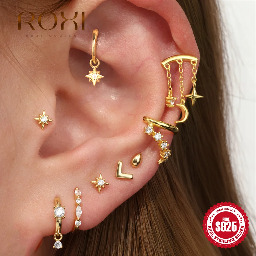 ROXI 925 boucles d'oreilles en argent Sterling étoile lune gland Piercing pour femmes classique Mini boucles d'oreilles brillantes sans fil Push In caché Stud