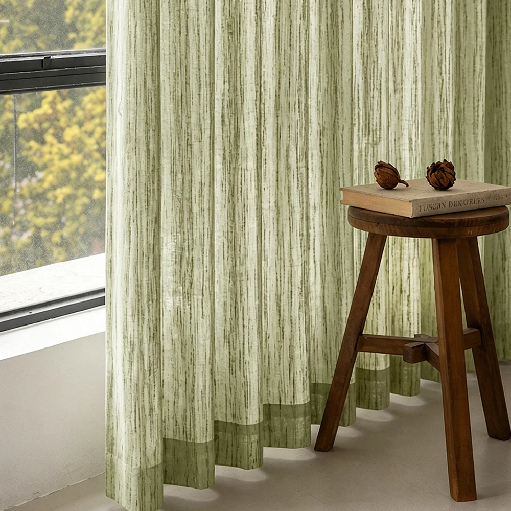 1PC Matcha Cotton Linen Sheer Curtai1PC Vertical Stripe Window Drapery, Ideal for Living Room, Bedroom, Balcony Home Decor