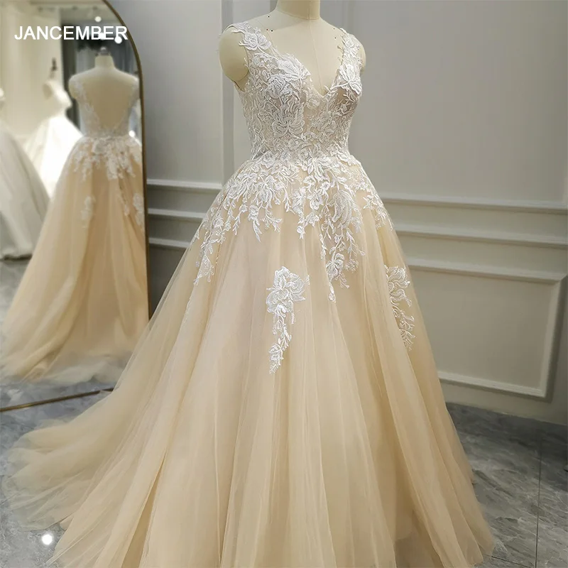 

New A Line Bride Dresses V Neck Sleeveless Lace Applique Court Train Wedding Dress Wedding Dresses for Woman vestido de novia