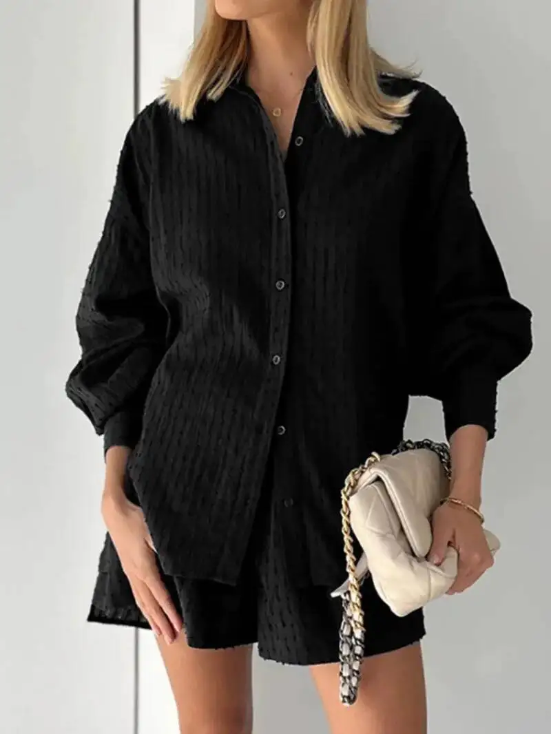 

Повседневные рубашки, шорты, женские свободные топы с отложным воротником и длинными рукавами, короткие брюки с высокой талией, летний женский отпускной костюм ﻿ POS7