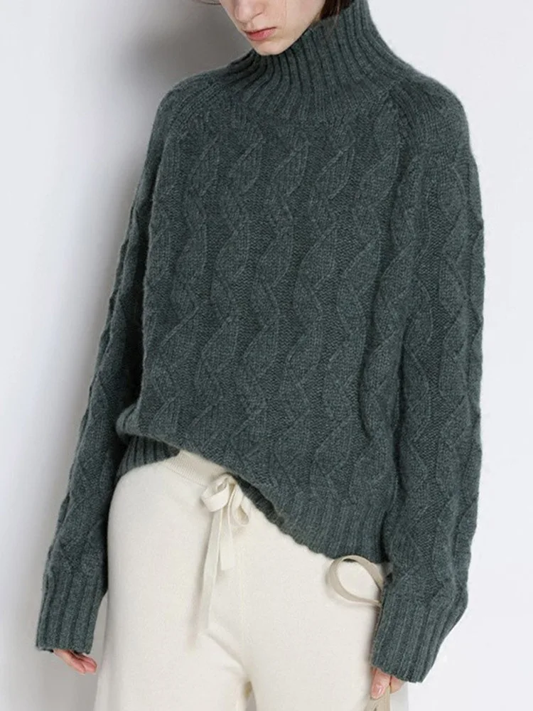 Suéter feminino de caxemira macia com gola tartaruga, outono inverno, grosso, preguiçoso, solto, tricô, fundo curto, estilo para uso confortável