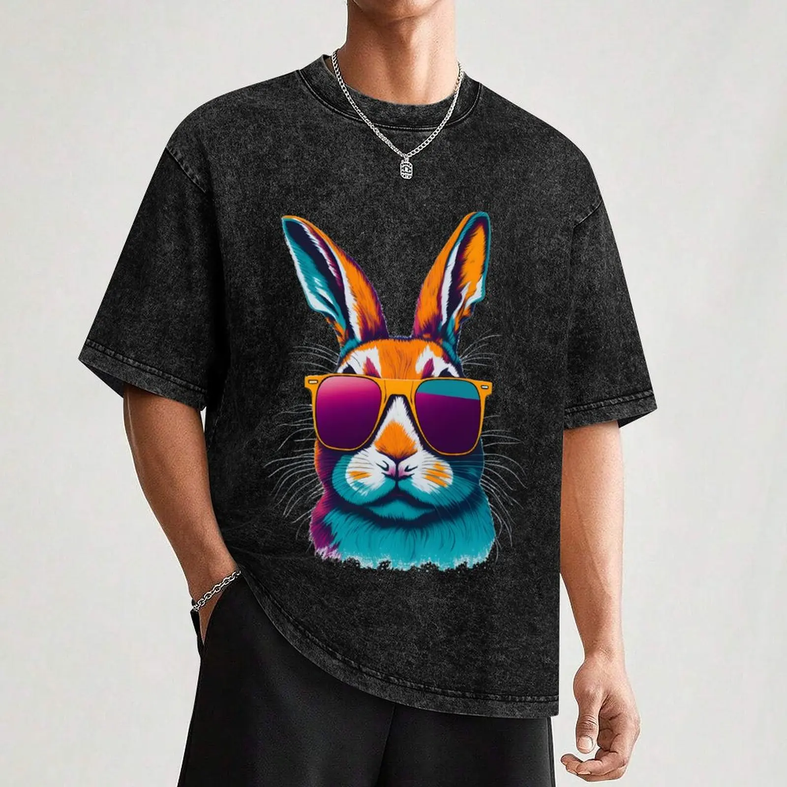 A punk rabbit wearing glasses. T-Shirt korean fashion graphic t shirt vintage Men's clothing