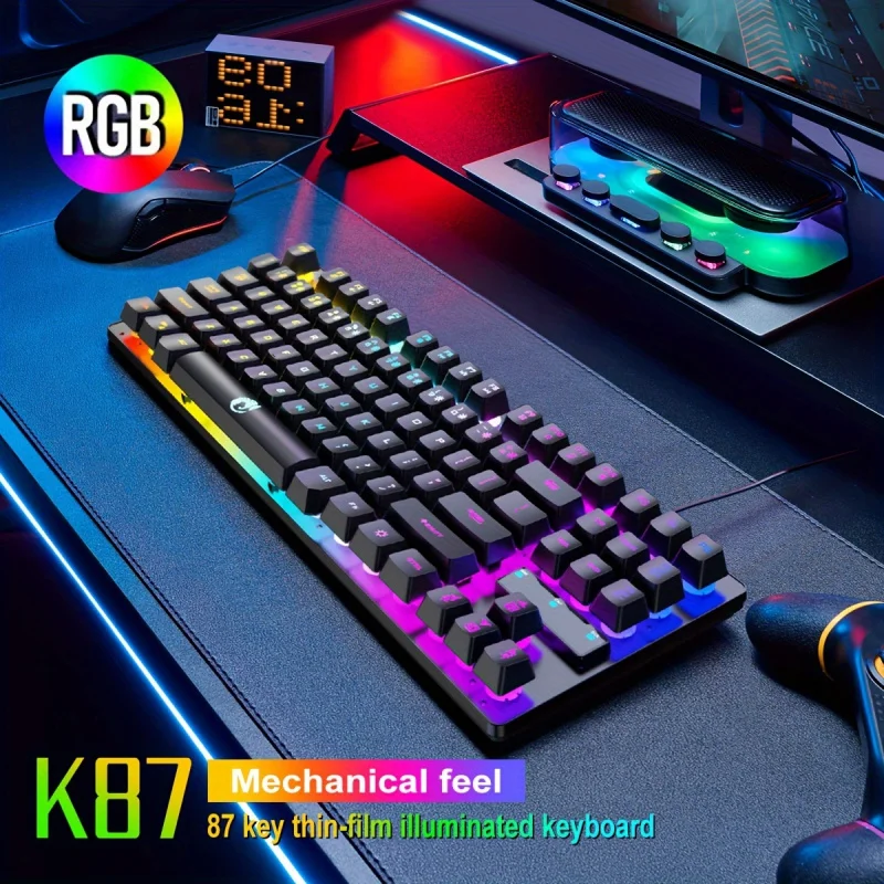 

Механическая игровая клавиатура K87 RGB с 87 клавишами, эргономичный дизайн, подсветка радужной подсветки, прочная проводная клавиатура для ПК и