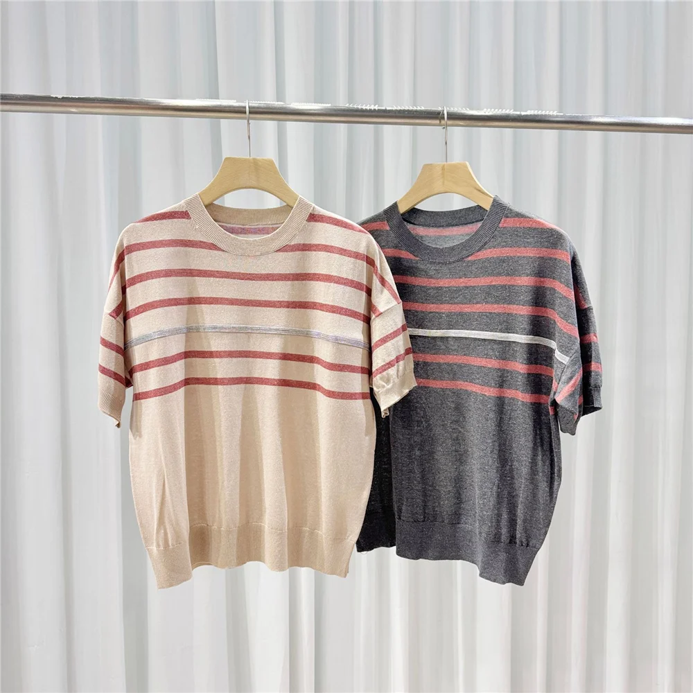 

Summer Women's O-neck Linen Short Sleeve T-Shirt Striped Knit Breathable Casual Pullover Top