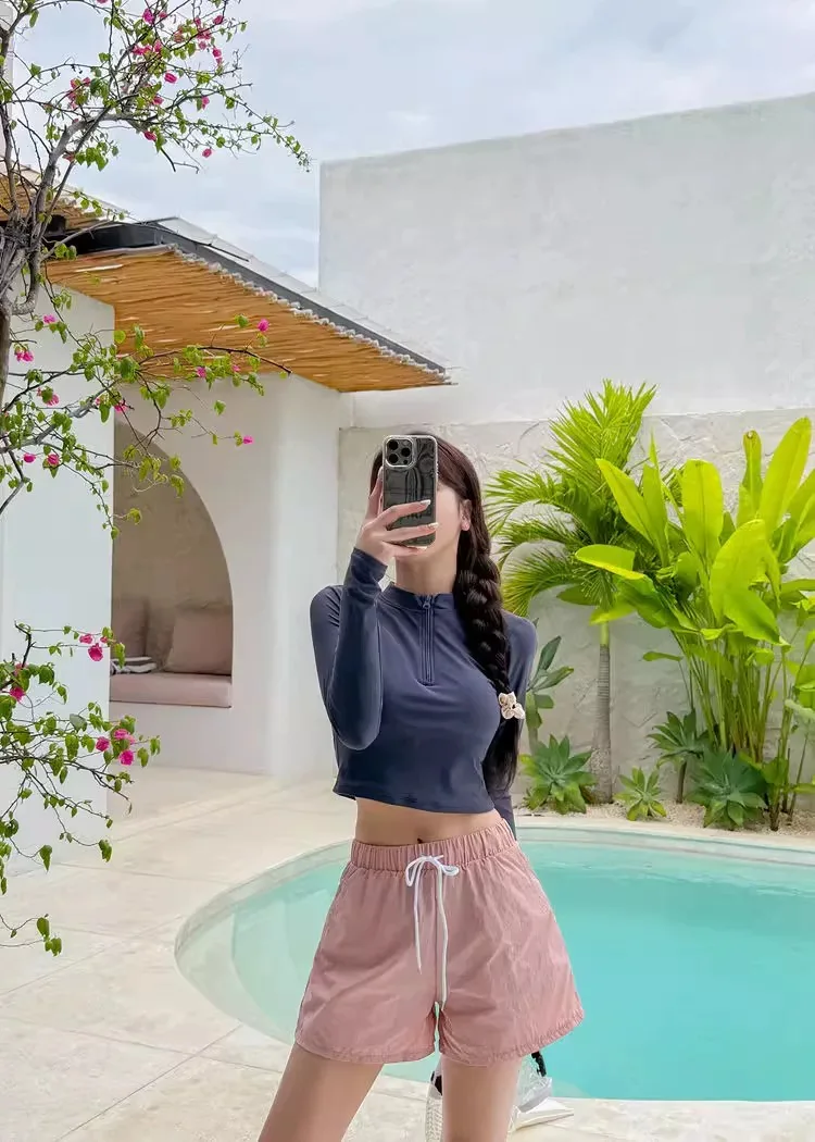 Koreanischer Stil Teenager Dreiteiliger Bikini mit Langarm-Überzug und Shorts Damen Badeanzug Strandurlaub Konservativer Badeanzug – Detail 13