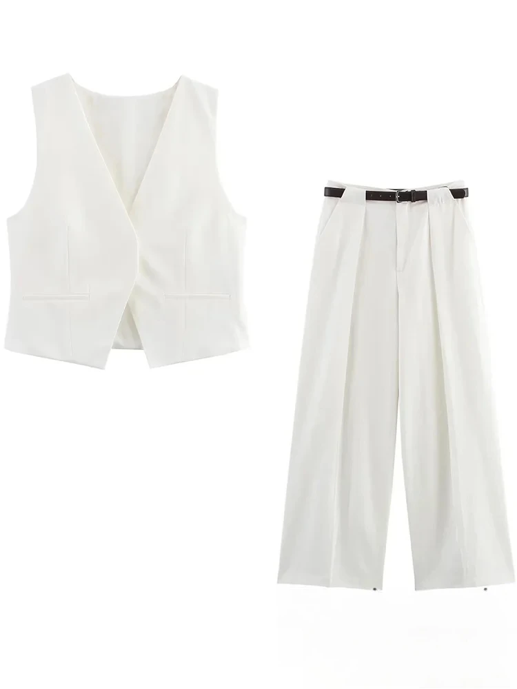 

KONDALA офисный женский костюм, однотонный жилет с v-образным вырезом на одной пуговице, блейзер, прямые свободные брюки с поясом, модный комплект весны и лета 2025 г.