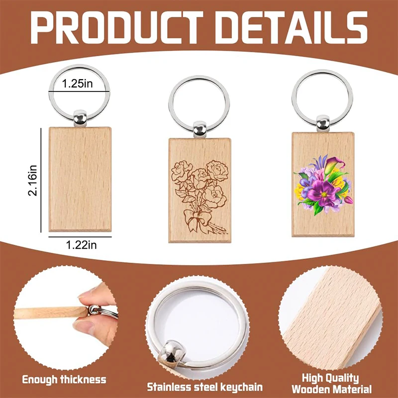 120Pcs Blank Wooden Keychain DIY Wood Car Keyring Bulk Wholesale