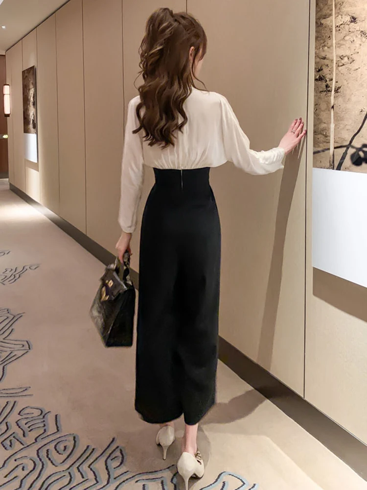 Satin Jumpsuit Women Black White Patchwork Long Sleeve High Waist Ankle Combinaison Femme Office Work Street Monos Mujer Spring