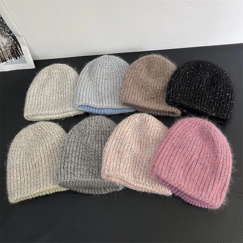 Simple Sequin Rabbit Hair Knitted Caps Women's Casual Autumn And Winter Thick Double-Layer Ear Protection Warm Pullover Hats