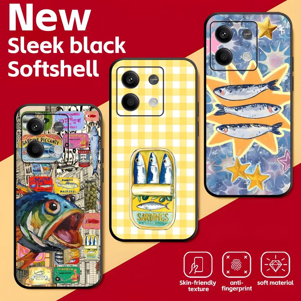 Чехол для телефона Sardines, мягкий черный чехол для телефона Redmi Note 11 12 13 14 Pro Plus S 5G 14C A3