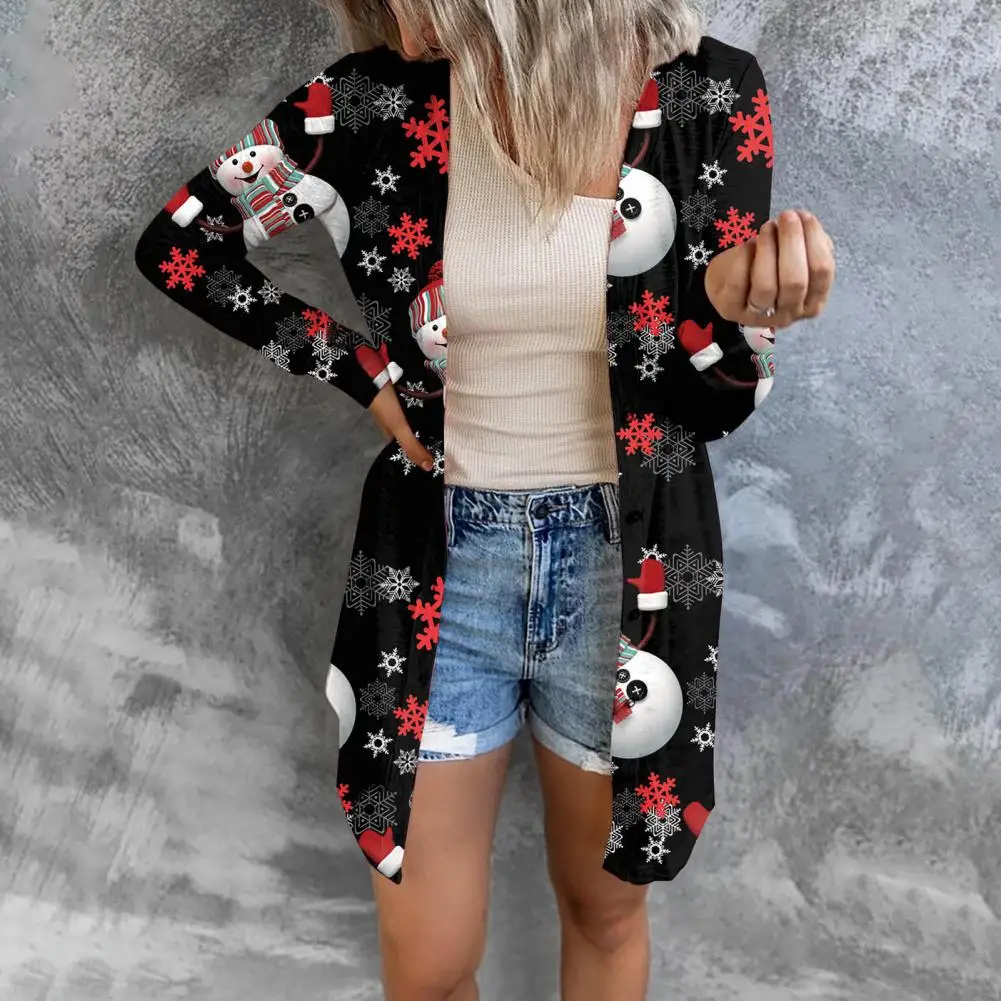 Christmas Print Women Mid-length Jacket Long Sleeve Cardigan Loose Open Front Long Cardigan Coat Christmas Women Spring Coat