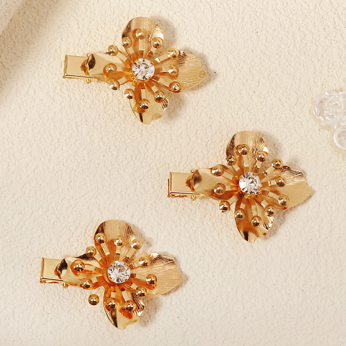 3PK Gold Alloy Metal Flower Hair Clips for Women and Girls Barrettes Set with Rhinestones Delicate Hair Clips Headdress Gift