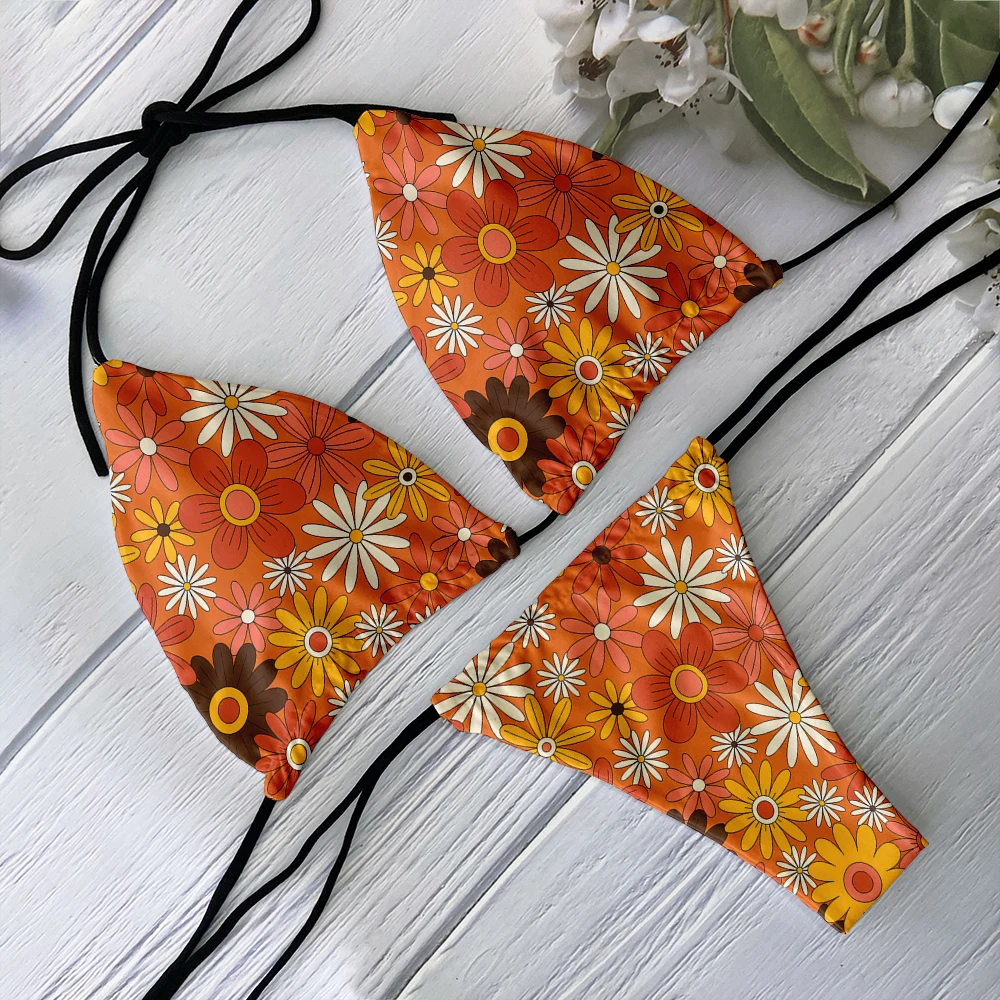 

Fashion ladies bikini set 3d printed flowers and leaves sexy fashion swimwear summer beach mat lace-up chest pad bikini