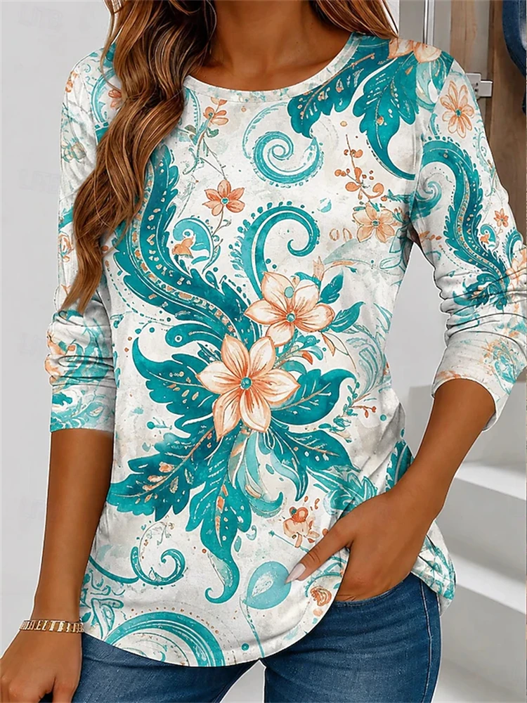 New Autumn Women's Long-Sleeved 3D Abstract Art Print Crew Neck Casual T-Shirt Fashionable and Trendy Street Style Top