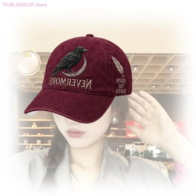 62KE Nevermore Crow Dad Hat with and Moon Embroidery for Streetwear