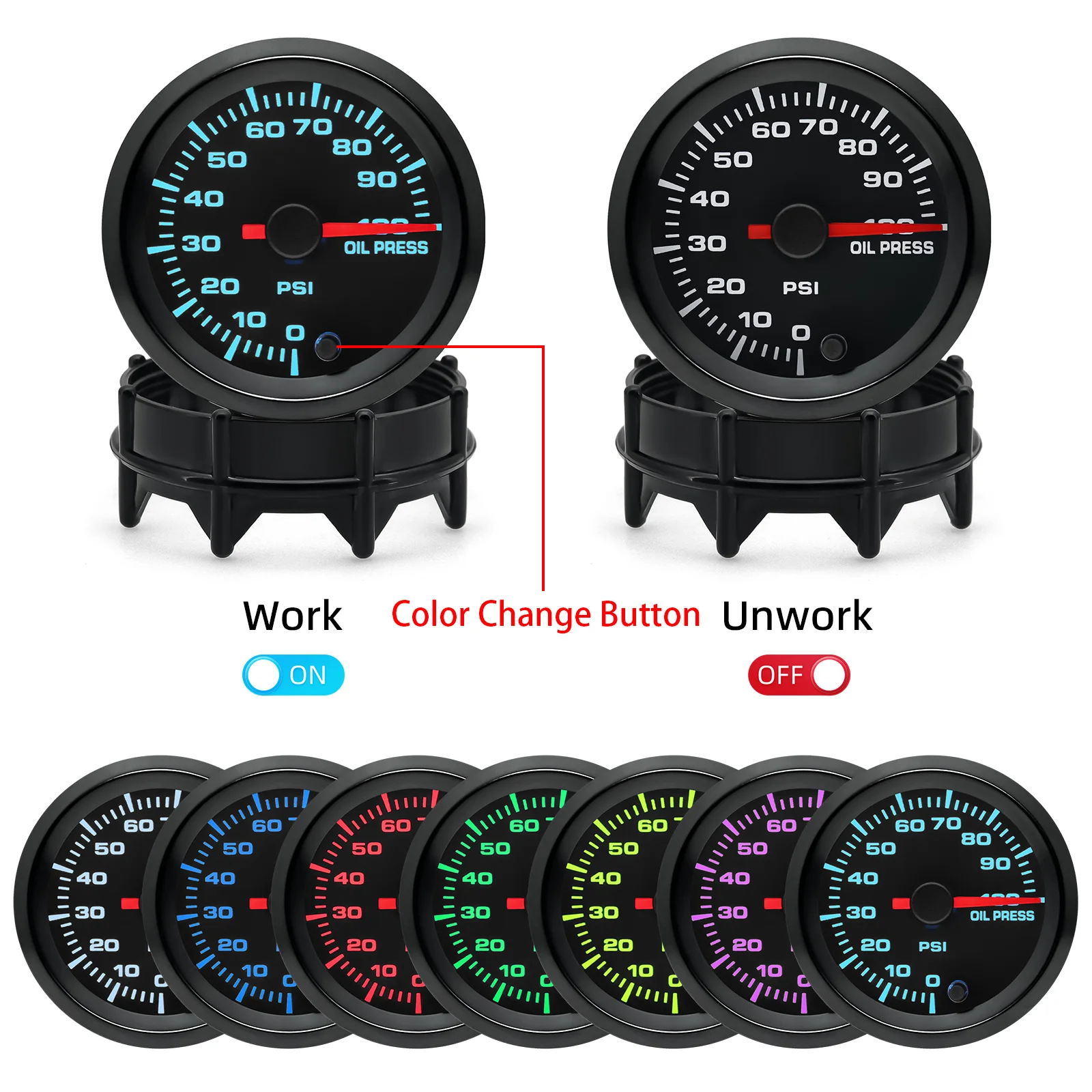 52MM Car Pointer Gauge 0-100 PSI Oil Pressure Gauge with Oil Pressure  Sensor 7 Colors Backlight for Car