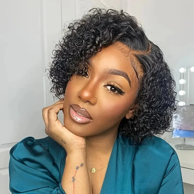 13x4x1 T Part Pixie Cut Lace Front Wig for Women Natural Black Curly Wave 180% Density Brazilian Remy Human Hair Wig