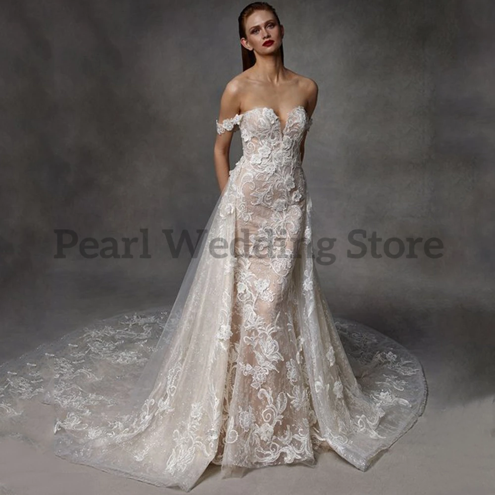 Pmwrun Elegante Hochzeit Kleid Meerjungfrau Schatz Kragen Aufkleber Blume Tau Zurück Sexy High-end-Braut Heiraten Kleider mit Schwanz