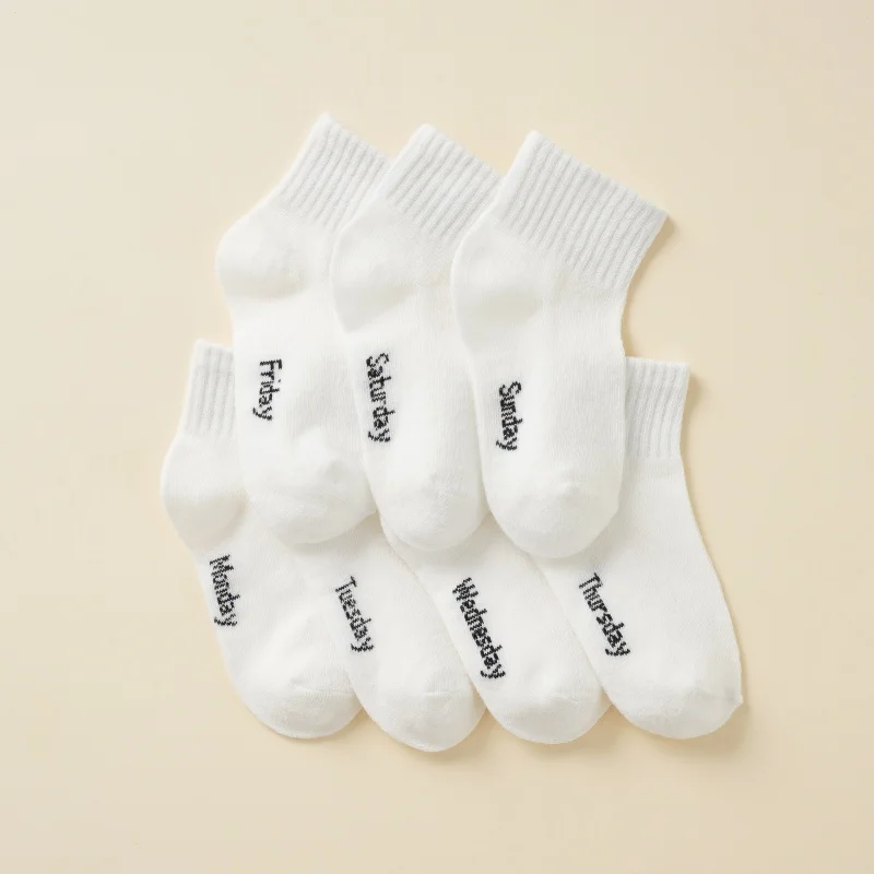 7 pairs of spring and summer thin short socks for boys and girls, simple, soft, comfortable, pure white mid calf socks view 2