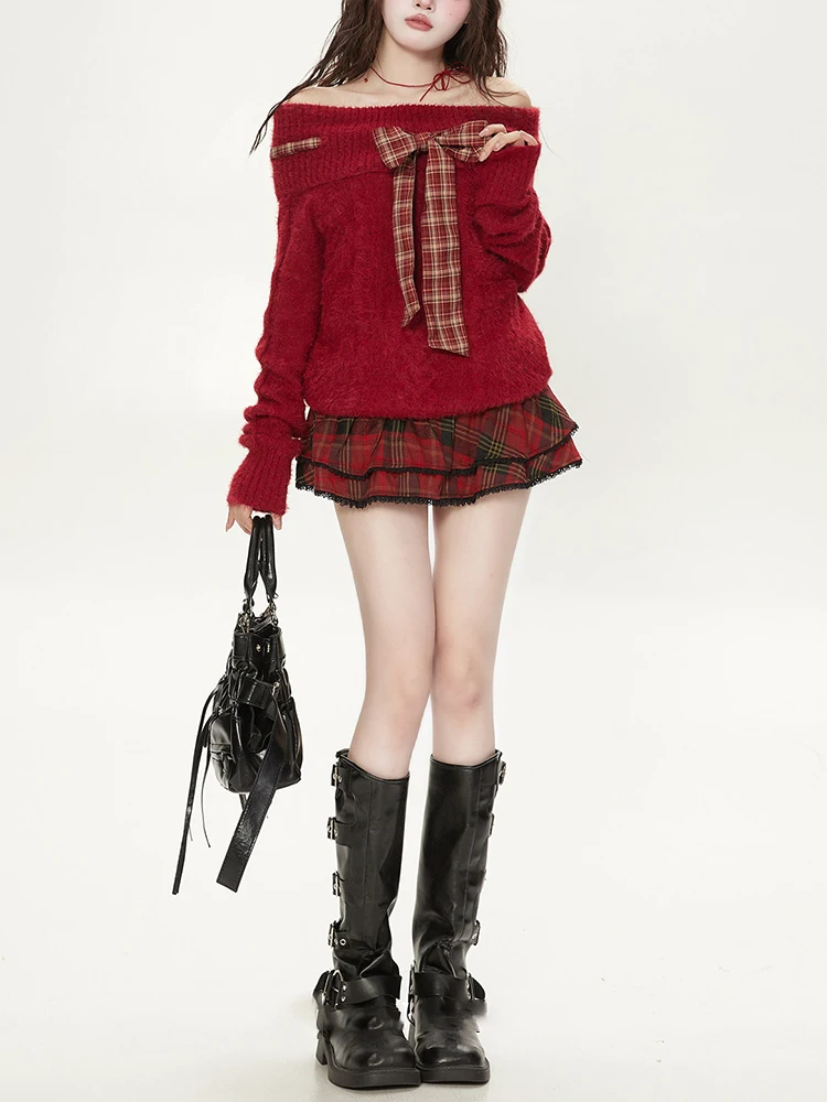 

Sweet Sle красный вязаный свитер на одно плечо, женский осенне-зимний теплый вязаный свитер с завязками, мягкий уютный топ для молодых девушек