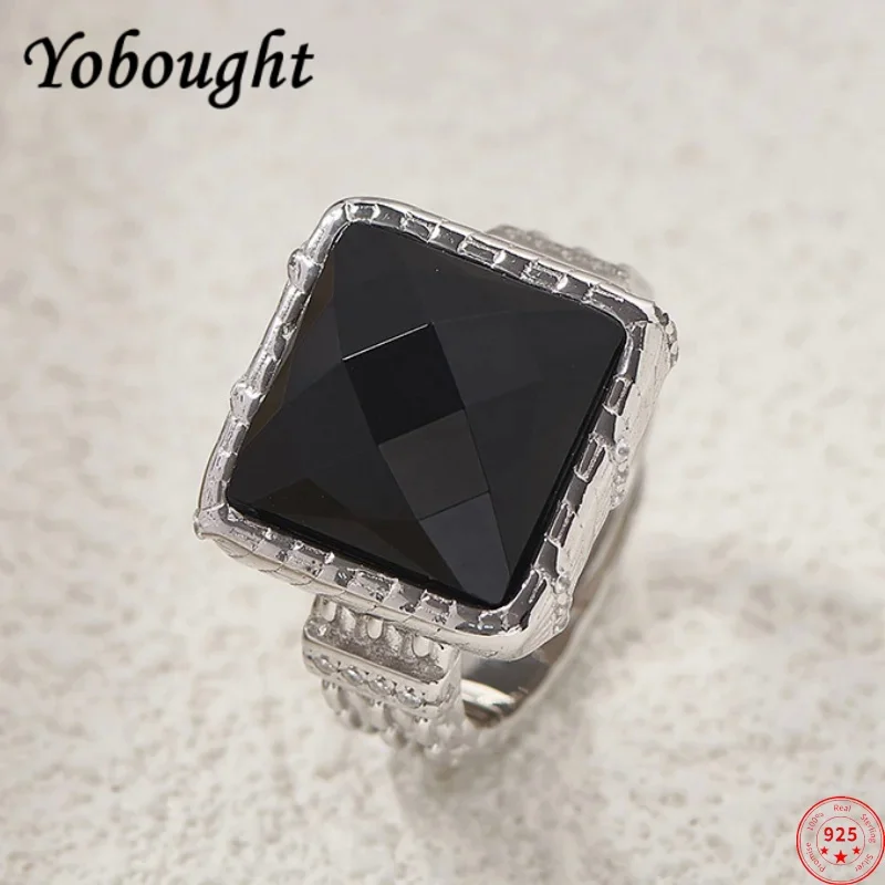 

S925 sterling silver charms rings for Women Men New Fashion Relief chain stripe inlaid square agate punk jewelry free shipping