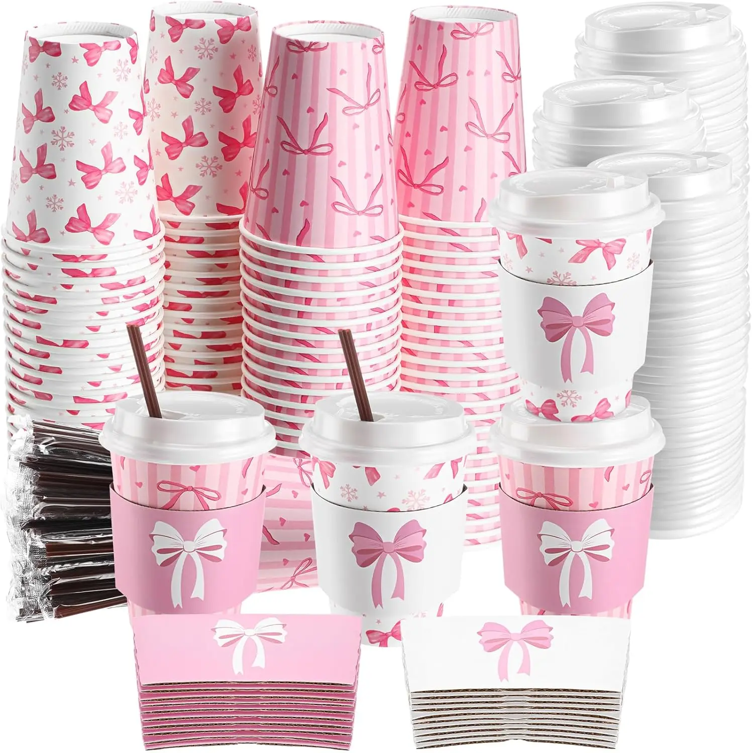 

Набор из 100 розовых кофейных чашек с бантиками, крышками, трубочками и чехлами, одноразовые стаканы с розовыми бантиками для напитков