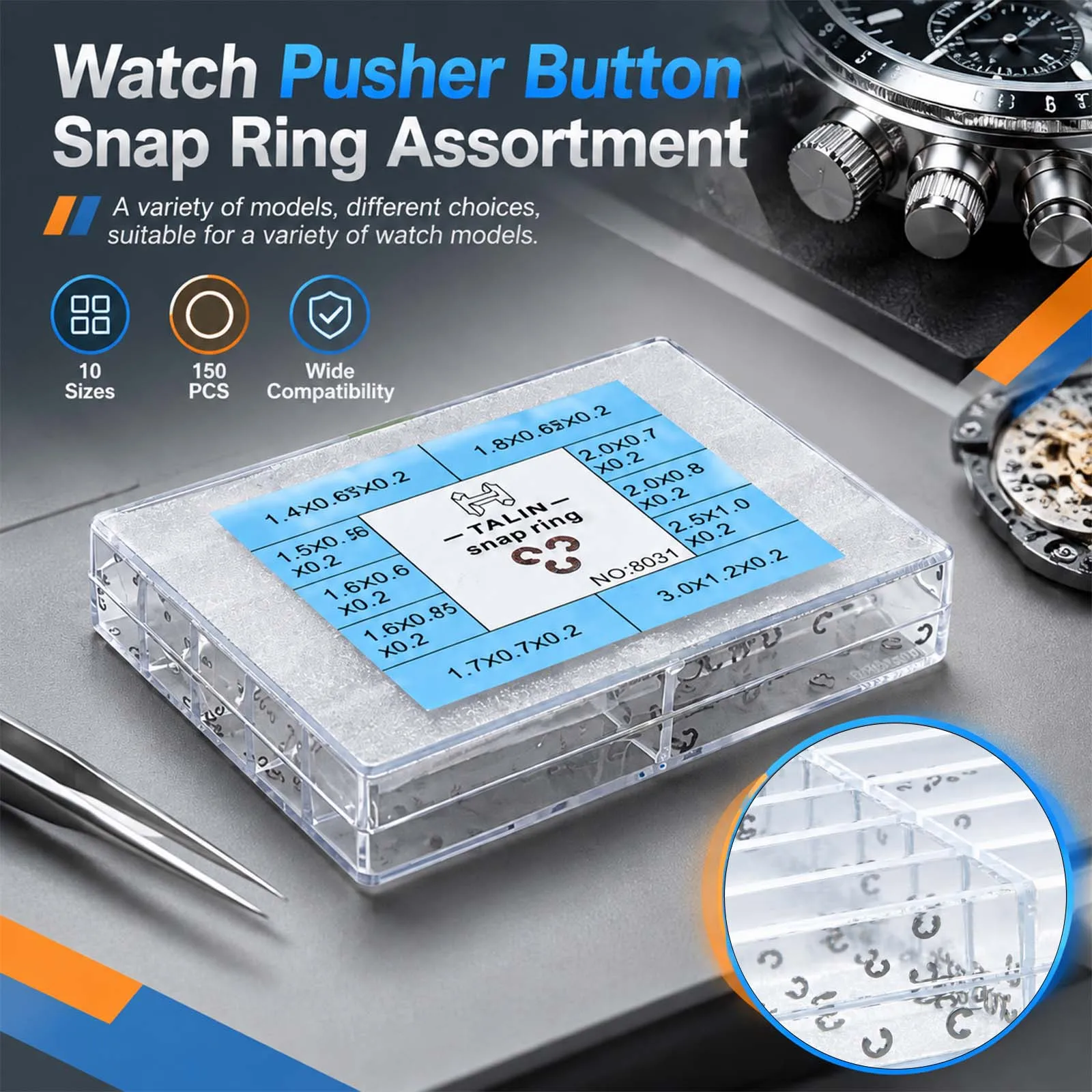 1Box 150pcs Metal Watch Movement Washer Clip Assortment, Rustproof Shaft Retaining Ring Kit for Watch Repair