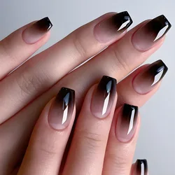 Gradient Black False Nails Press Ons Ballerina French Fake Nail With Glue Short Coffin Shaped Woman Fingernails Manicure Sets