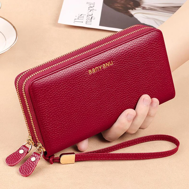 Large Capacity Women Dual Zipper Coin Purse Anti RFID Women Cowhide Genuine Leather Cellphone Long Wallet for Travel Party Gifts