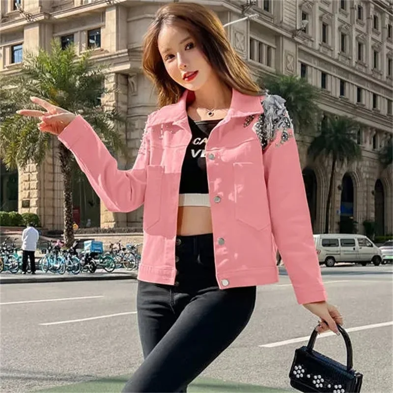 2023 Bonbon farben Denim kurze Jacke Frauen Niet Applique Jean Mantel Student Oberbekleidung Rose-Rot Gelb Grün Rosa lose Top Mäntel