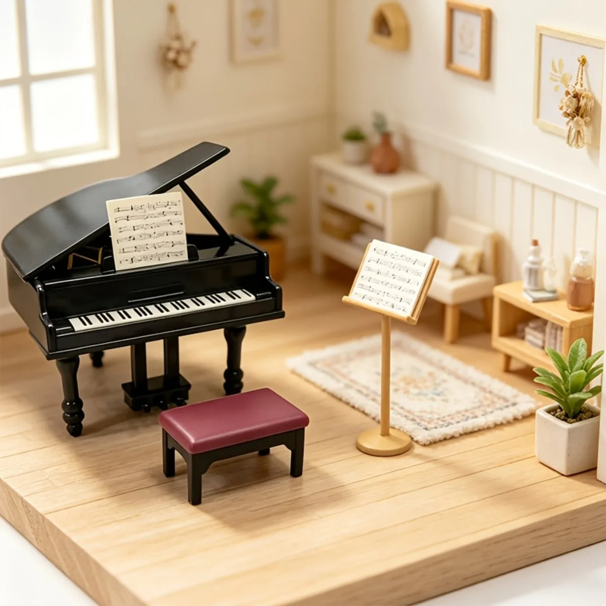 Miniature grand piano with bench, suitable for dollhouse accessories, model making, and music room decor.