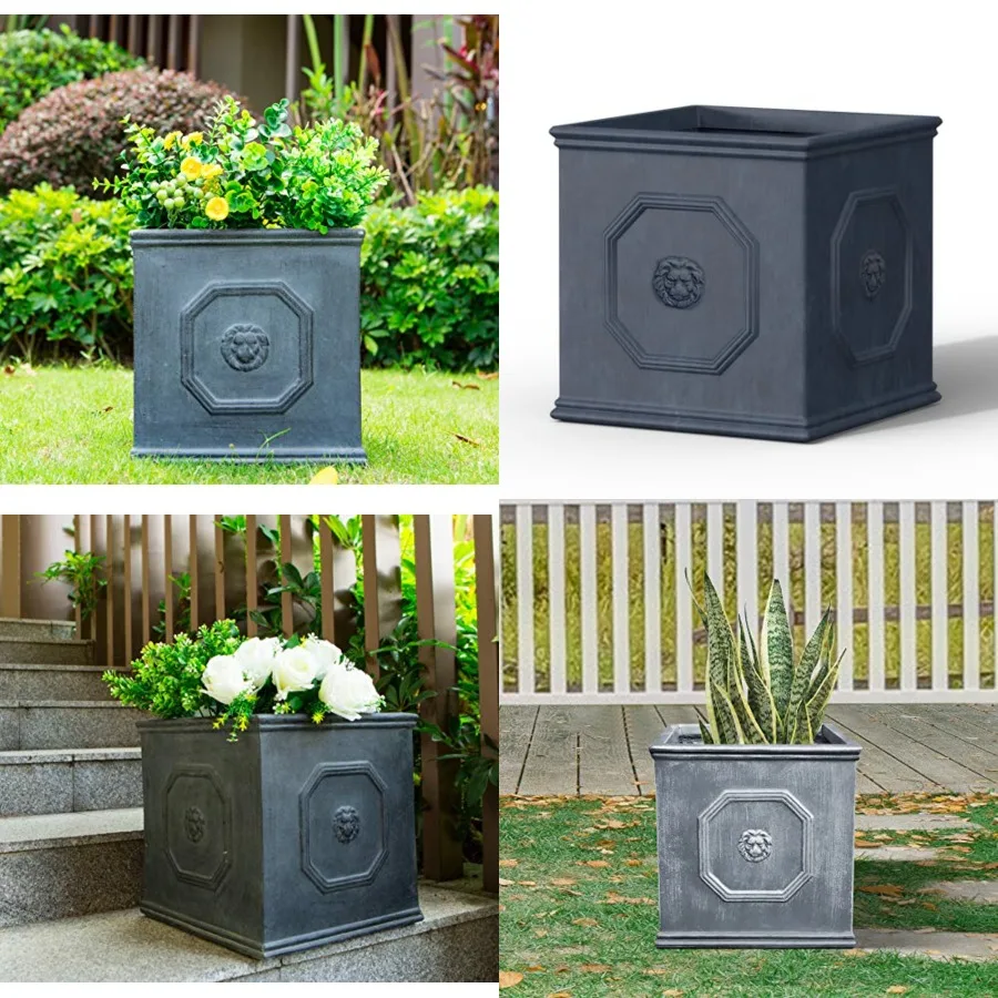 

Square Lion Head Concrete Planter, Classic English Style Plant Pot with Drainage Hole and Rubber Plug for Indoor Outdoor Garden