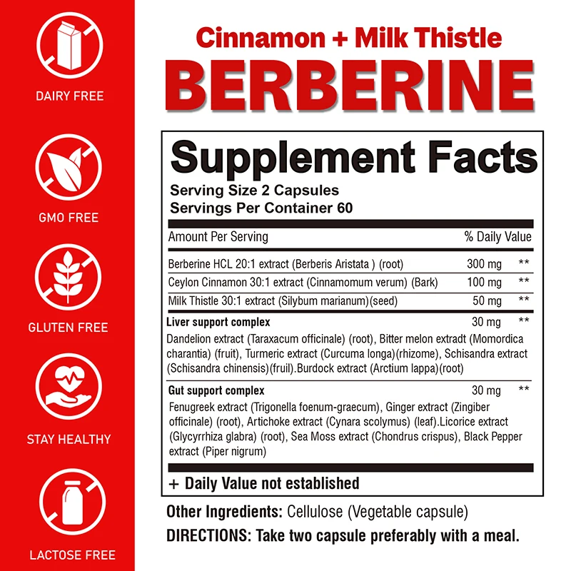 Berberine Capsules - Ceylon Cinnamon, Milk Thistle - Support Glucose Balance, Cardiovascular, Liver Health, Improves Digestion