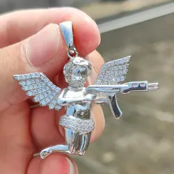 Hip Hop Rapper Punk New Trend Iced Out Angel With Gun Diamond Jewelry  Vengeance Angel Wing Pendant Choker Necklace Women Gift