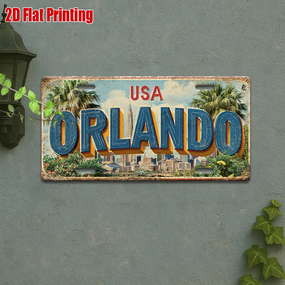 2D-Flachdruck, 1 Stück, Vintage-Metall-Nummernschild, Orlando Sunshine-Logo, geeignet für Wohnzimmer- und Gartenwände