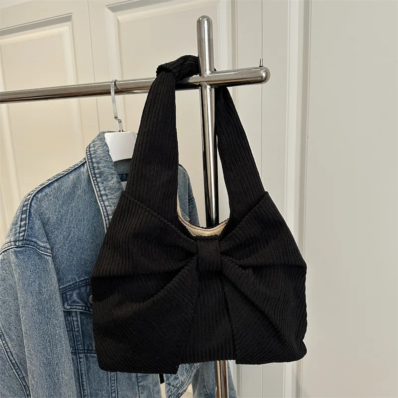 

Women Bow Large Capacity Tote Bag Japanese Autumn Winter Corduroy Shoulder Bag Fashion Commuter Texture Simple Underarm Bag