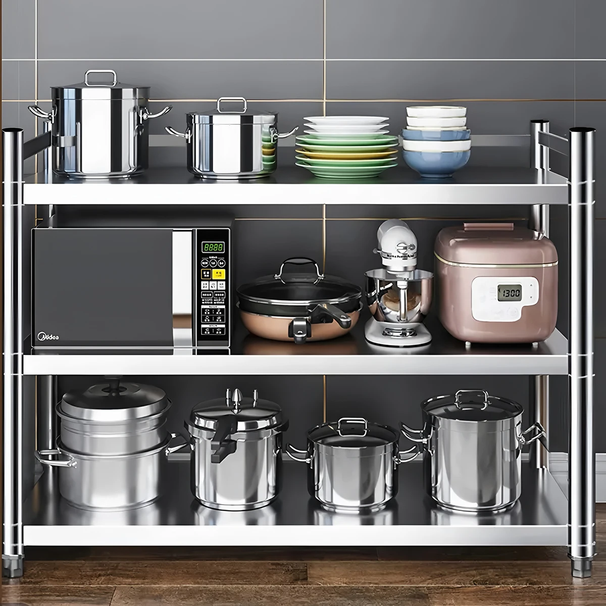 #Tool-Free Assembly Stainless Steel Kitchen Storage Rack Shelves Detachable Modular Multi-Tier Shelving Unit for Indoor/Outdoors