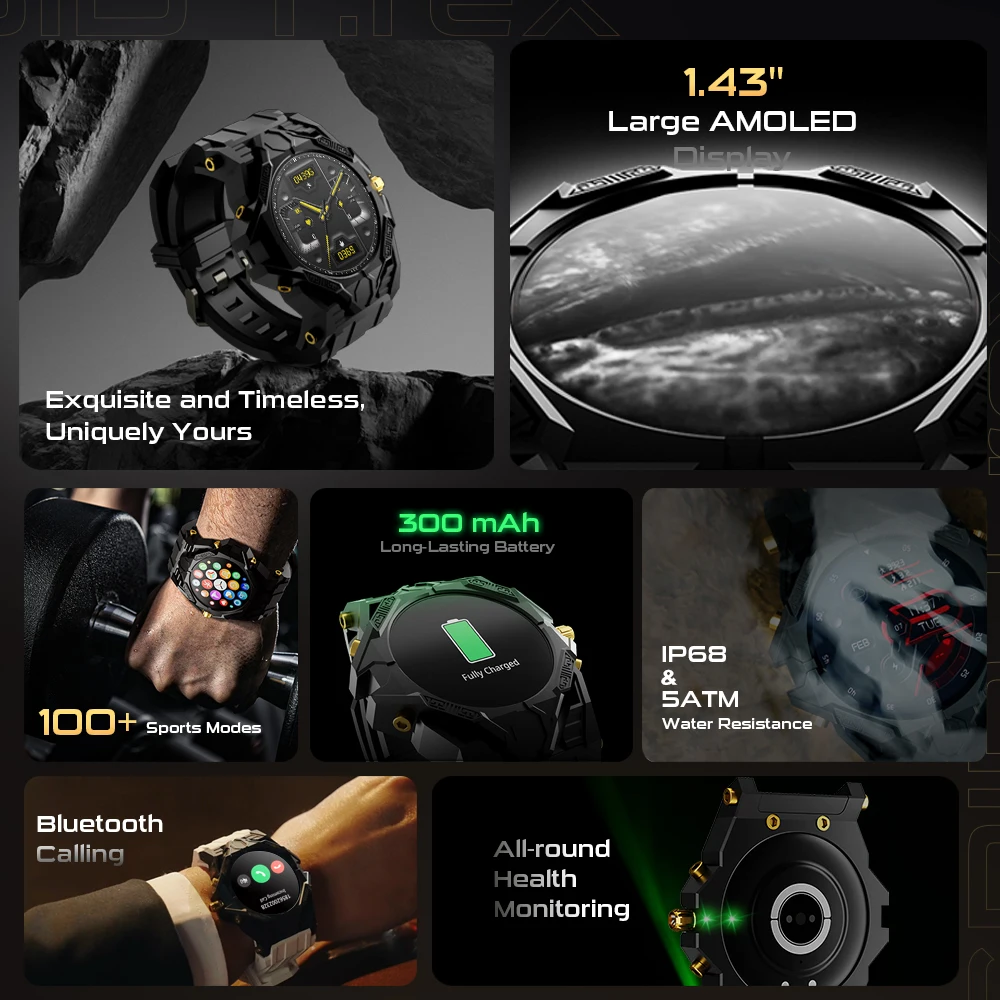 Rogbid T REX DIY Smart Watch 1.43 Inch Amoled Fitness Bracelet Sport Pedometer Control Music Bluetooth Call Ceramic Smartwatch