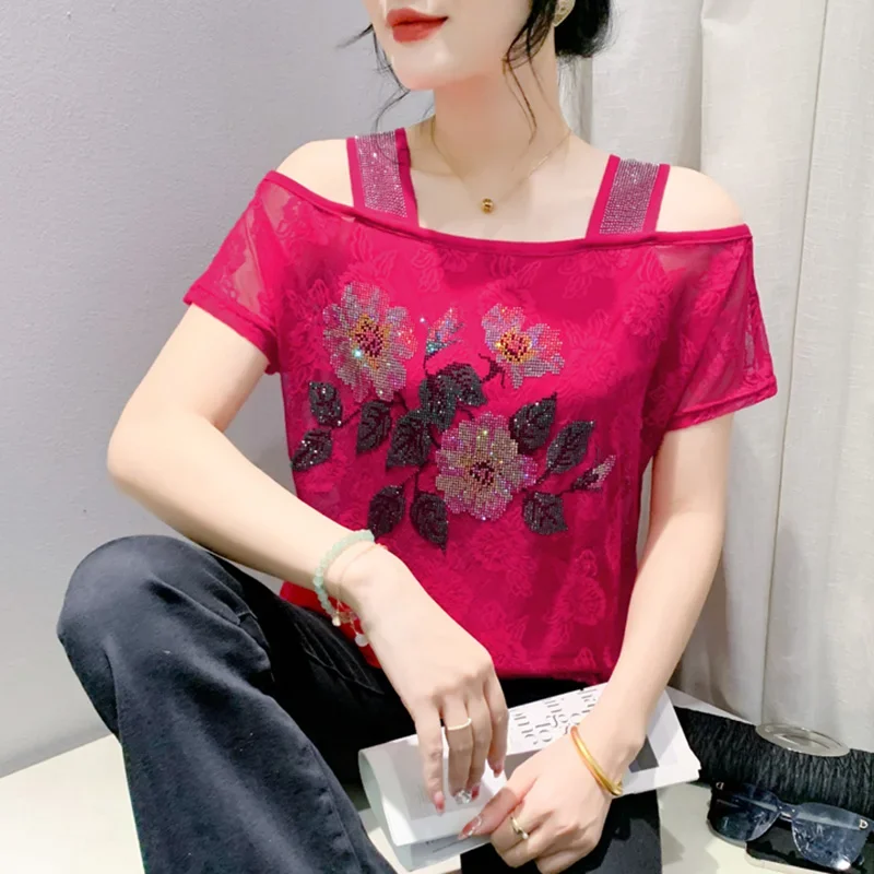 

2025 Summer New Lace Top Women's Clothes Fashion Sexy Off Shoulder Hot Diamonds Loose Mesh T-Shirts ZT1